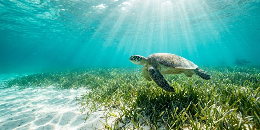 A green sea turtle gliding over a sunlit seagrass meadow in shallow water